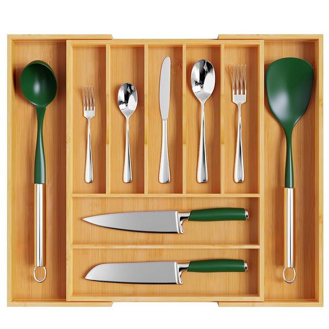 oridom Large Premium Bamboo Silverware Organizer - Expandable Drawer Organizer & Utensil Organizer - 17"x19.7" Cutlery Tray with Dividers for Kitchen Utensils and Flatware (7-9 Slots) (Natural)