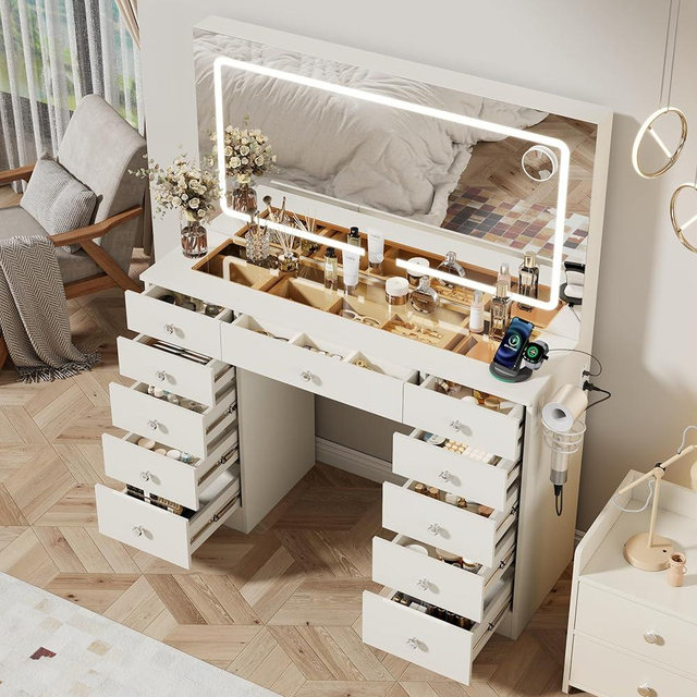 Otterease White Makeup Vanity, 11 Drawers Vanity Mirror with Lights, Makeup Vanity Desk with 3 Lighting Modes Adjustable Brightness, Vanity with Glass Top for Bedroom