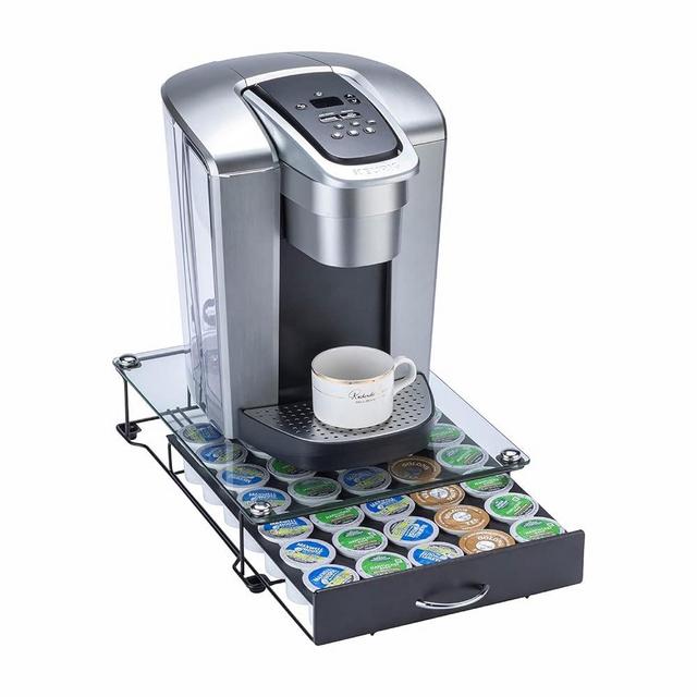 ZCDCP K Cup Holder Drawer, Coffee Pod Holder for K Cup Orgainzer with Termpered Glass Top, Keurig Coffee Pods Holder Capsule with 35 Pods, Black