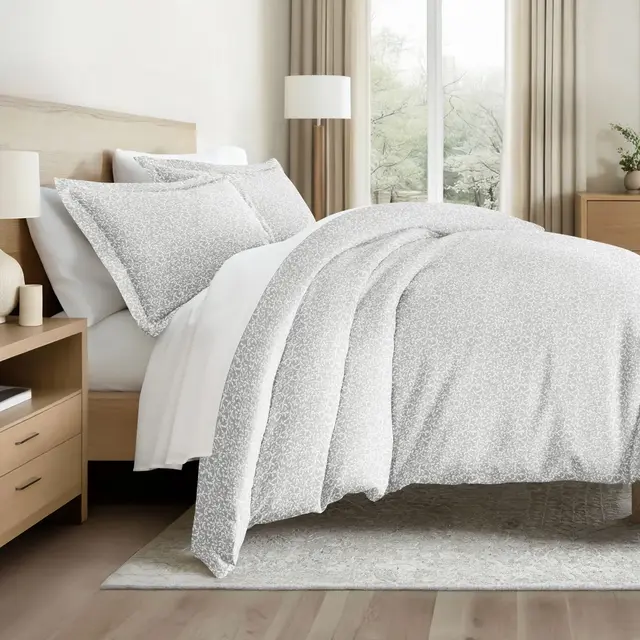 Soft Farmhouse Florals Premium 3PC Duvet Cover & Shams Set, Ultra Soft - Becky Cameron, Vine Trellis / Gray, King/California King