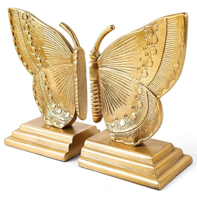 Novaurb Vintage Brass Decorative Bookends Butterfly Design, Heavy Sturdy Cast Iron Book Ends, Metal Bronze Shelves Stoppers Holder Decor, 1Pair/2Piece