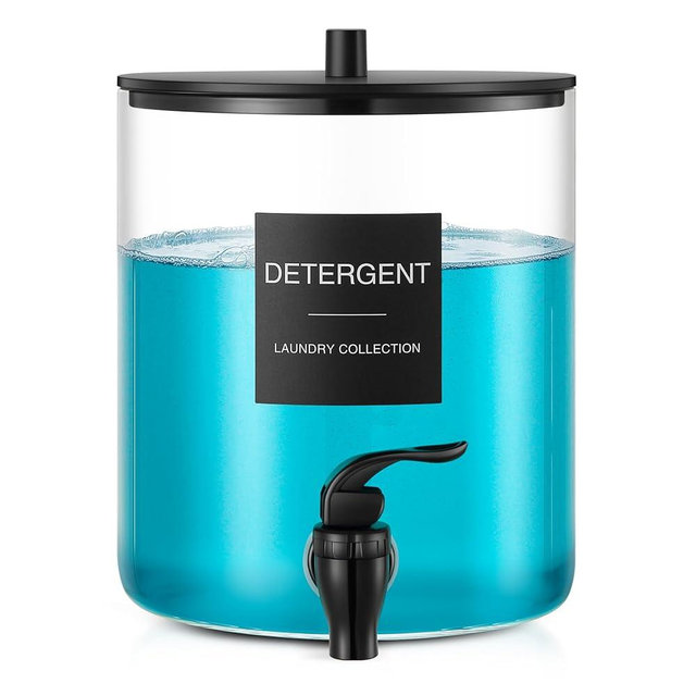 Glass Laundry Detergent Dispenser, 128 oz / 3.5L Fabric Softener Dispenser for Laundry Room Organization, Detergent Holder with Plastic Spigot (Black, 1 Pack)