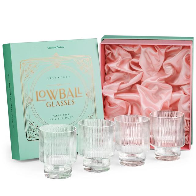 Vintage Art Deco Lowball Ribbed Cocktail Glasses | Set of 4 | 12 oz Crystal Double Old Fashioned Tumblers for Drinking Classic Whiskey, Gin, Vodka Bar Drinks | Round Short Glassware
