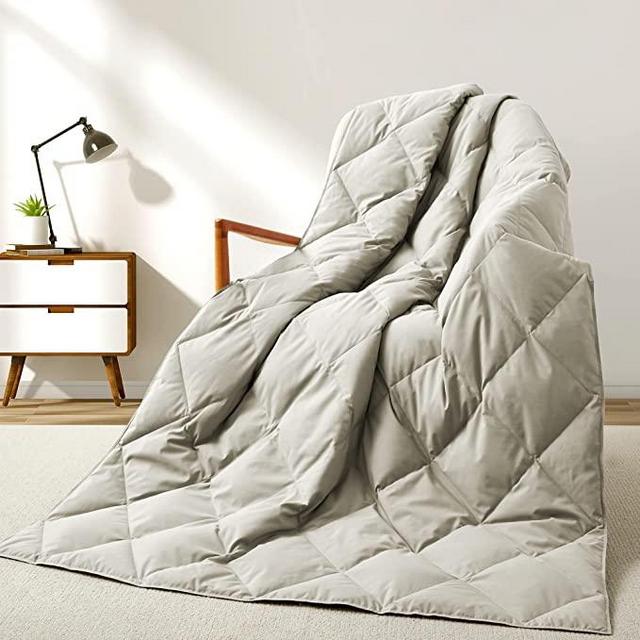 Natural Goose Down Throw Blanket for Couch, Bed Comforter for Home Outdoor, Lightweight Down Comforter with Peach Skin Fabric, Reversible Down Blanket, 50"X70", Beige