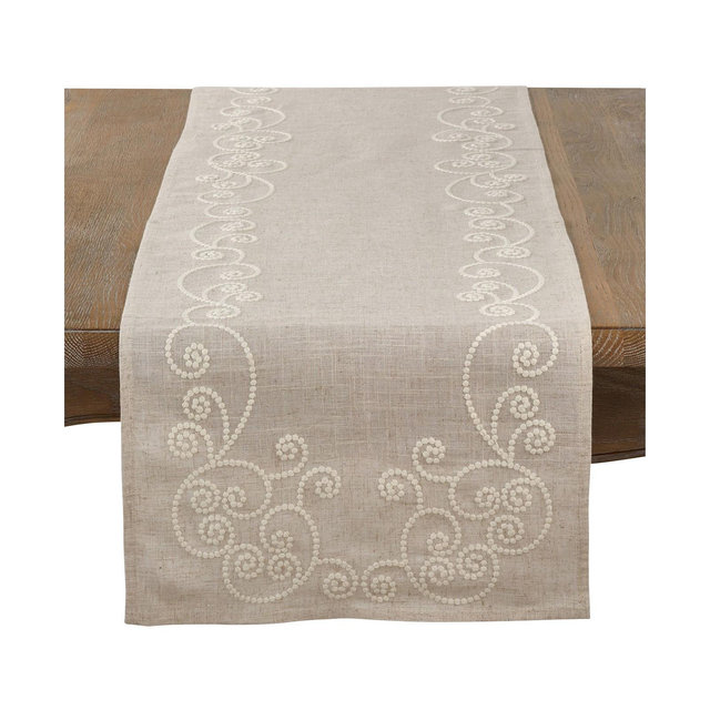 Saro Lifestyle Embroidered Swirl Design Natural Linen Blend Table Runner