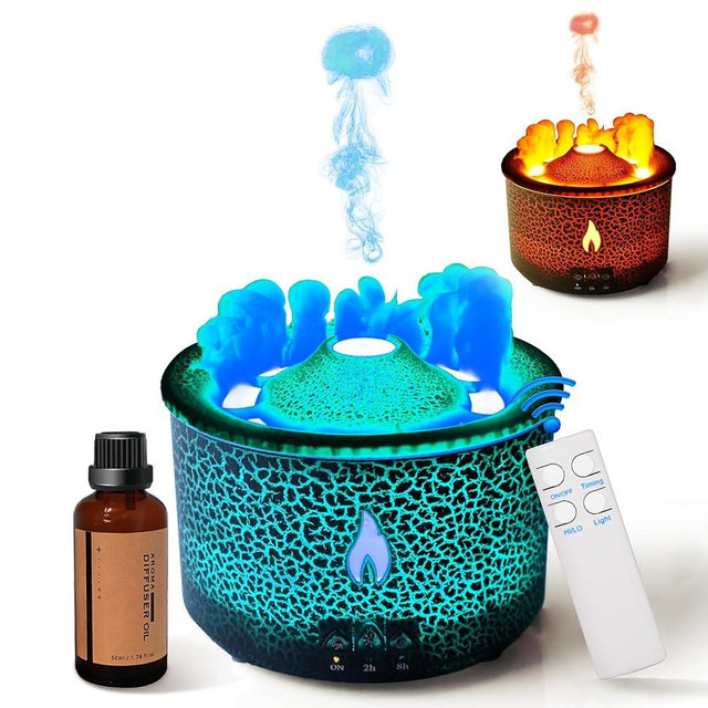 BOHOFAM Aroma Essential Oil Diffuser 360 ML,Volcano and Flame Diffuser/Humidifier,give1.76 oz Hotel Collection Essential Oils,Blue/red Light Selection,Diffusers for Home,Large Room(Black Cracks)