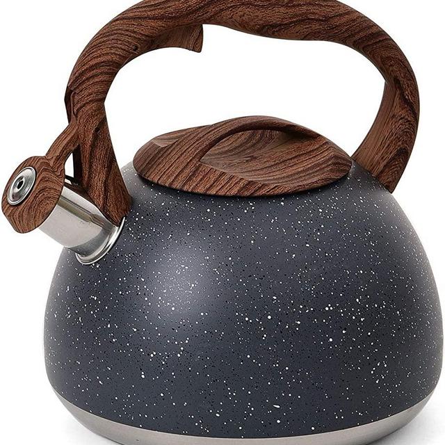 YIIFEEO 2.8 QT Stone Marble Finish Tea kettle, Stainless Steel Whistling Teapot, Stove Top Water kettle with Wooden Anti-heat Handle(Gray)