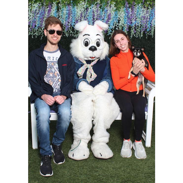 Easter 2023 with our dog (aka child), Lilly, and the Easter Bunny.