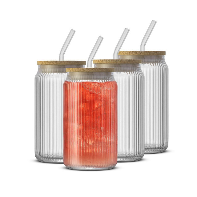 JoyJolt Fluted Glass Tumblers with Bamboo Lids and Straws, Set of 4
