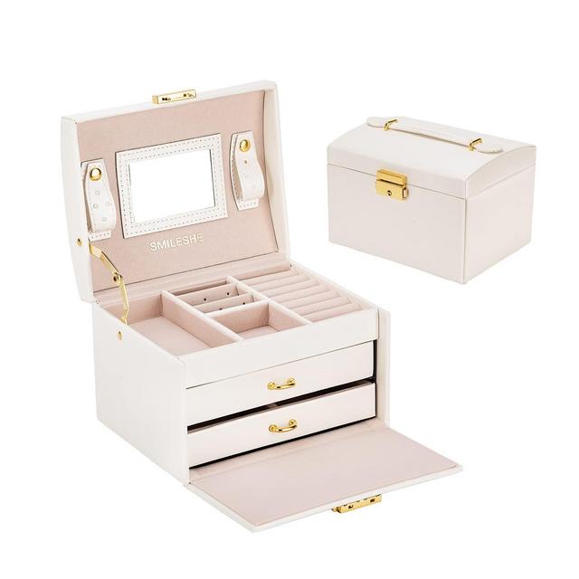 Smileshe Jewelry Box for Women Girls, PU Leather Lockable Storage Case with Mirror Drawers, Removable Medium Display Organizer Boxes for Rings, Earrings, Necklaces, Bracelets
