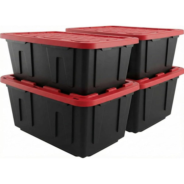 27 Gal Industrial Tote,4 Pack Plastic Storage Bins with Lids Tough Large Storage Bin,Black with Red Lid Plastic Storage,Stackable & Nestable for Garage, Basement, or Outdoor (4 Pack)