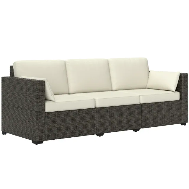 Outsunny Wicker Patio Couch, PE Rattan 3-Seat Sofa, Outdoor Furniture with Deep Seating, Cushions, Steel Frame, Cream White