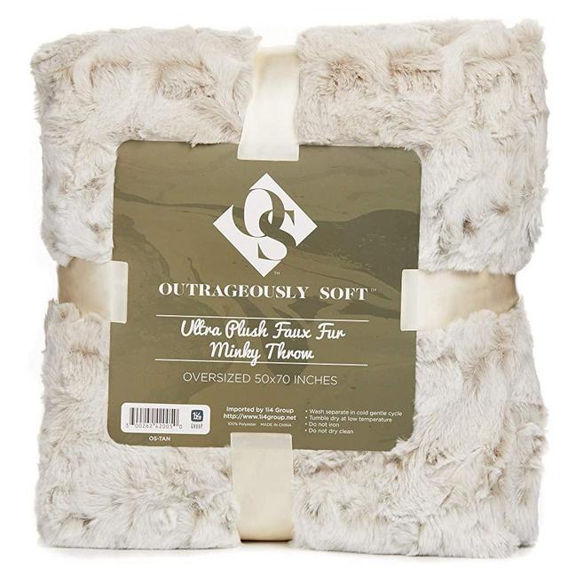 1i4 Group Outrageously Soft Throw Blanket - Ultra Plush Minky Faux Fur Blanket - 50 x 70 Inches - Tan