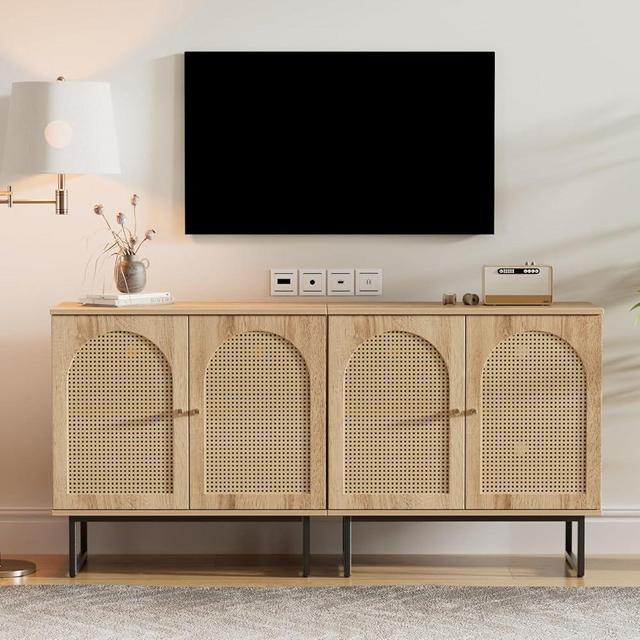 FiveWillowise Sideboard Buffet Cabinet with Rattan Doors, Rattan Buffet Bar Cabinet, Boho Credenza Cabinet with Metal Legs for Living Room, Hallway, Entryway, Natural Set of 2