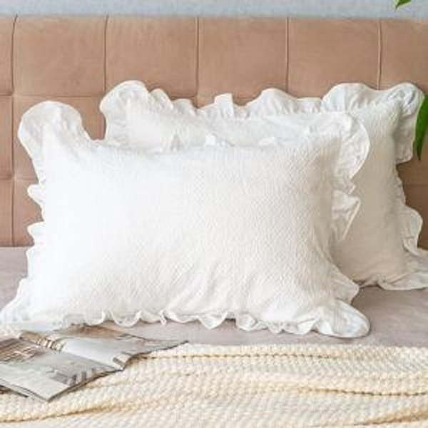 Pillow Shams Set of 2 Pure Cotton Champray Ruffled Edge,Thick and Solid Washed Dobby Heavy Fabric (Standard 20x26 inches)