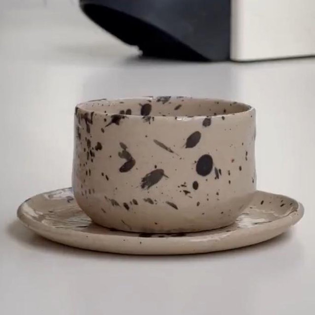 3 oz Espresso cup with saucer, Handleless coffee mug, Stoneware ceramic mug, Black splash espresso mug, espresso tumbler, handmade gift idea