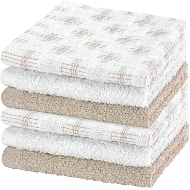 DecorRack 6 Pack 100% Cotton Yarn Washcloths, 12x12 inch Soft Cotton Face Towels, Absorbent and Durable Wash Cloth Set for Bathroom, Spa, Gym and Travel, Sand (Pack of 6)