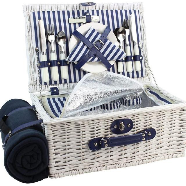 Picnic Basket Willow for 4 Persons, Large Wicker Hamper Set with Big Insulated Cooler Compartment, Free Fleece Blanket with Waterproof Backing and Cutlery Service Kit- Fashionable White Washed Color