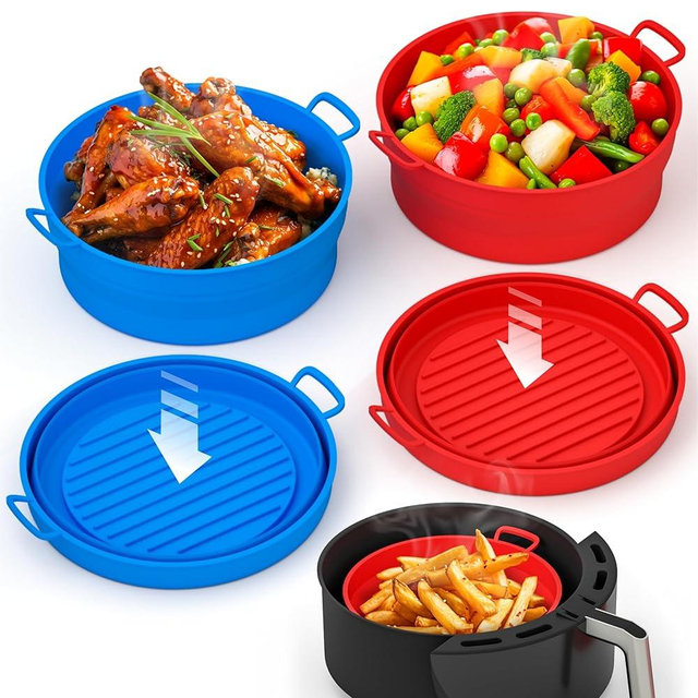 2 Pack Air Fryer Silicone Liners Pot - Reusable Air Fryer Silicone Basket Bowl for 3 to 5 qt - Airfryer Silicone Liner Replacement - Red & Blue