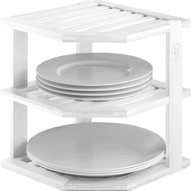 Bamboo Corner Shelf - Kitchen Countertop Organizer, Kitchen Counter Shelf - Corner Cabinet Organizer - Dish Organizer, Plate Organizer for Cabinet - Organizes and Saves Space (White)