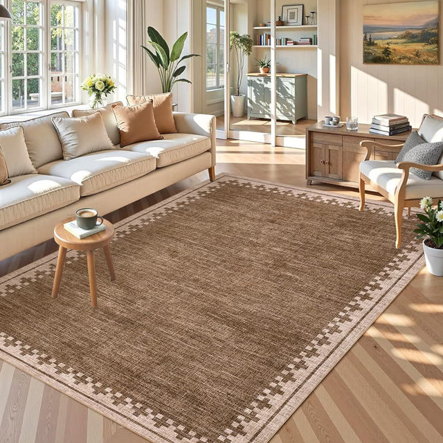 GarveeHome 8x10 Neutral Area Rugs Machine Washable&Non Slip Modern Bordered Stain Resistant Low Pile Carpet for Living Room Dining Room Bedroom Laundry Room Home Office, Brown