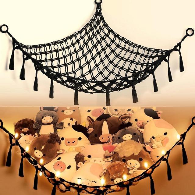Stuffed Animal Net or Hammock with Light,Yewiwin Macrame Hanging Net Hammock for Stuffed Animal Toy Storage Organizer Boho Decor Room Holder for Nursery Play Room Bedroom (Black(55"*55"*72"))