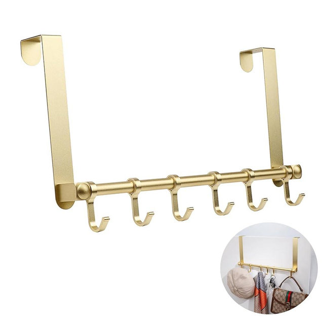 BOF Over The Door Hook - Space Aluminum Heavy Duty Over Door Hanger with 6 Moving Hooks for Clothes Towels Coats Bags, Gold Over The Door Rack for Living Room, Bathroom, Bedroom