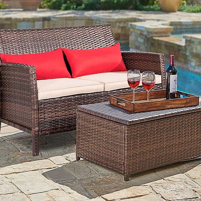 SUNCROWN Outdoor Furniture 2-Piece Patio Wicker Love-seat with Coffee Table Set, All-Weather Cushions and Built-in Storage Bin