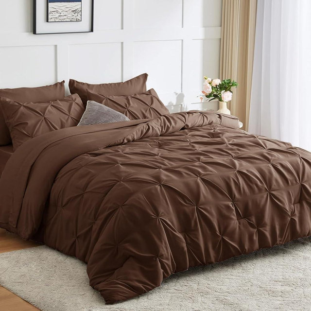 CozyLux King Size Comforter Set - 7 Pieces Comforter King Size Brown, Pintuck Bed in A Bag Pinch Pleat Bedding Sets with All Season Comforter, Flat Sheet, Fitted Sheet and Pillowcases & Shams