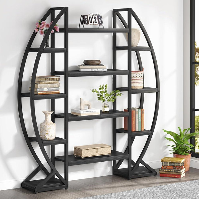 Tribesigns Oval Bookshelf, Triple Wide 5 Tiers Etagere Bookcases, Industrial Display Shelves for Living Room (55", Black)