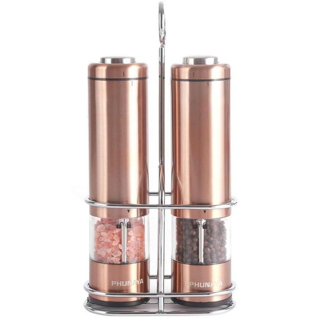 Phunaya Electric Salt and Pepper Grinder Set With Upgraded Motor | Complimentary 304 Stainless Steel Mill Stand | LED Light |Battery Operated | Adjustable Ceramic Coarseness |set of 2