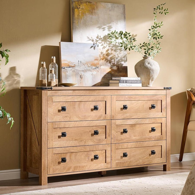 T4TREAM Farmhouse 6 Drawers Dresser for Bedroom, Wide 6 Chest of Drawers, Wood Rustic Double Dresser Organizer for Bedroom, Living Room, Hallway, Kids Room, Nursery Room, Light Knotty Oak