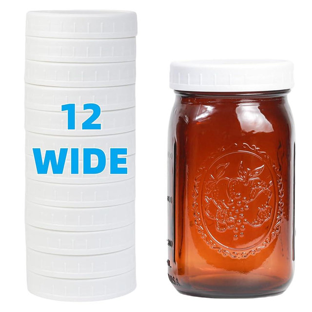 Bedgeta 12 Pack Upgraded White Wide Mouth Mason Jar Lids with Silicone Rings, Plastic Mason Jar Lids for Ball, Kerr and More,86mm Plastic Mason Jar Lids, Canning Lids