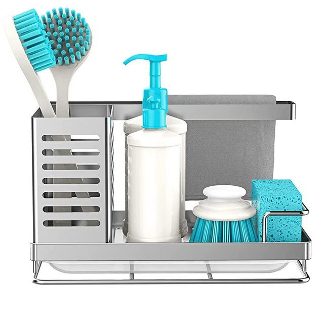 Sink Caddy, Kitchen Sink Organizer, Sponge Holder Stainless Steel Kitchen Caddy for Kitchen Sink with Removable Drain Pan Storage for Soap, Sponge, Scrubber Brush, Bottles, Dishcloth-Silver