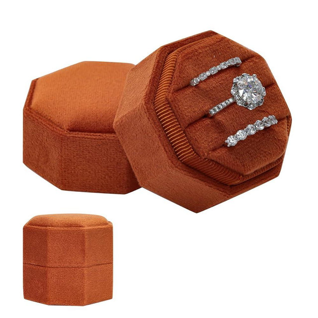 Gvhntk Velvet 3 Slots Jewelry Ring Box Vintage Octagon Ring Display Holder Gift Premium Gorgeous Case with Detachable Lid for Wedding Engagement Proposal Keepsake Ceremony (Burnt Orange)