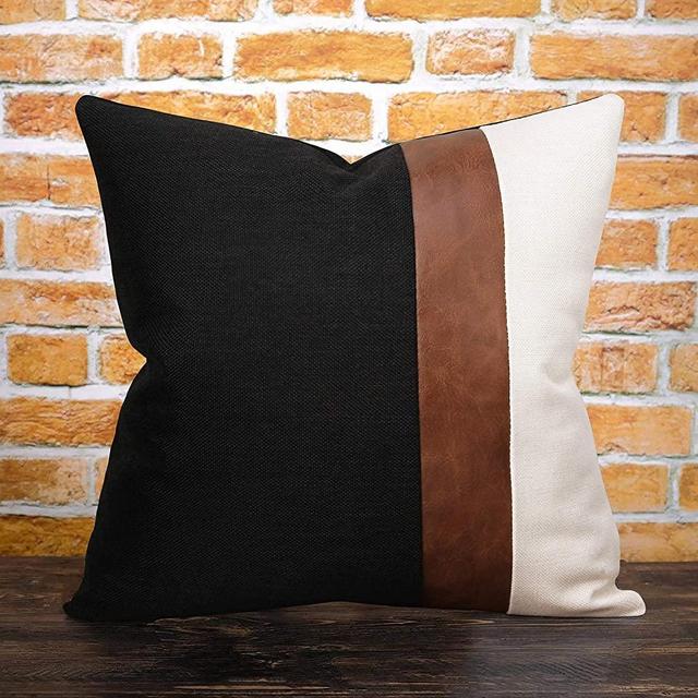 cygnus Faux Leather Pillow Cover 20x20 Inch Black and White Linen Pillow Cover Modern Decorative Accent Cushion Cover for Couch Sofa