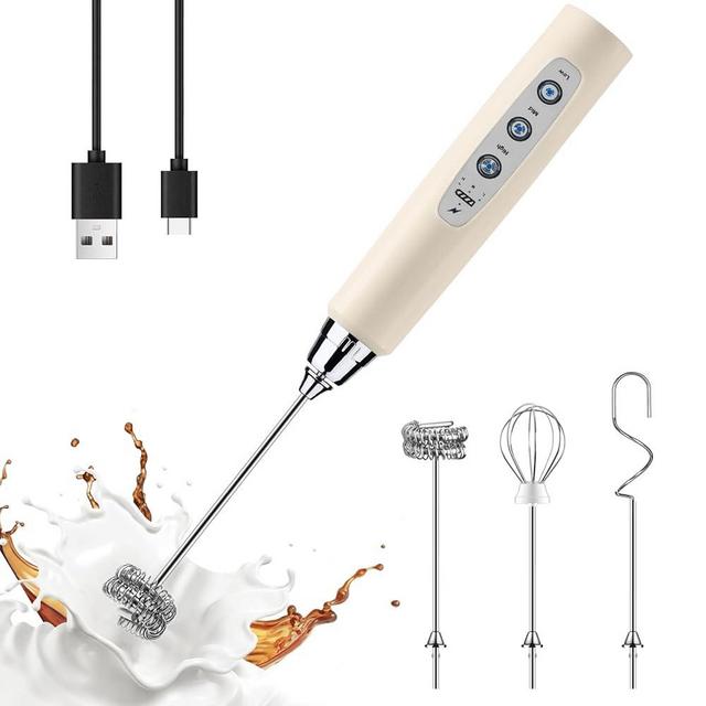YUSWKO Beige Handheld Milk Frother Wand for Coffee, Rechargeable Electric Whisk with 3 Heads 3 Speeds Drink Mixer Coffee Frother For Latte, Cappuccino, Hot Chocolate, Egg