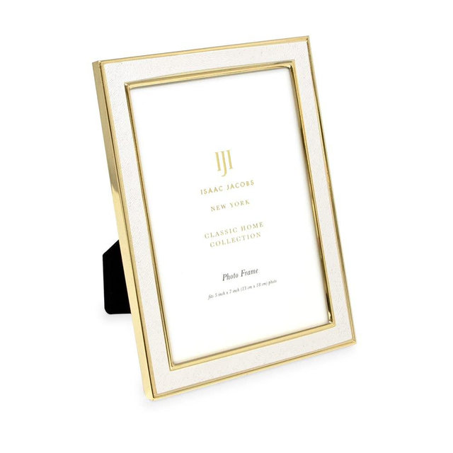 Isaac Jacobs 5x7 White Textured Leather (Vertical & Horizontal) & Gold Metal Picture Frame, with Black Fabric Easel, Wall-Mountable, Made for Tabletop, Home or Office (5x7, White W/ Gold)