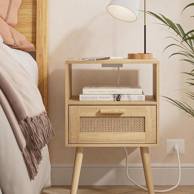 Aobafuir Nightstands with Charging Station, End Table, Rattan Nightstand, Side Table with Hand Made Rattan Decorated Drawers, Wood Accent Table with Storage for Bedroom