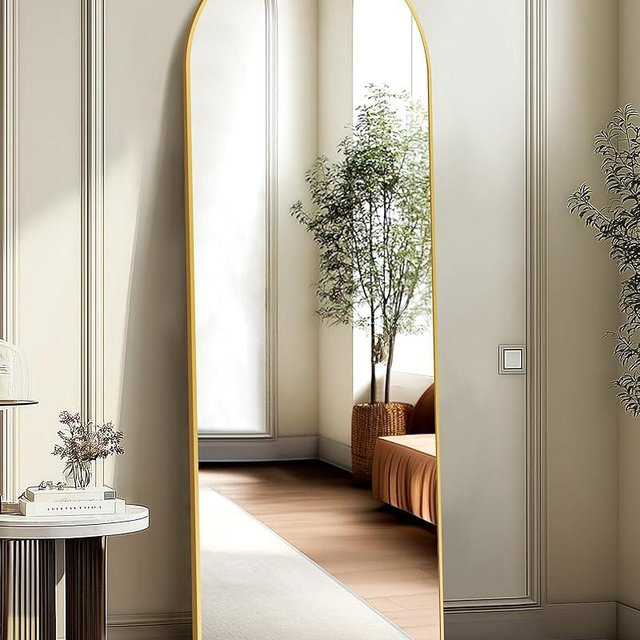 TRAHOME Arched Full Length Mirror, 56"x15" Standing Body Mirror for Wall, with Aluminum Alloy Frame for Bedroom, Living Room, Dressing Room(Gold)
