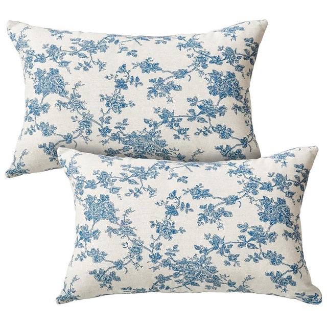 AVOIN colorlife Chinoiserie Bule Flower Cotton Throw Pillow Covers 12 x 20 Inch Set of 2, Cotton Sateen Breathable Cushion Case on Sofa Couch Soft for Quality Sleep