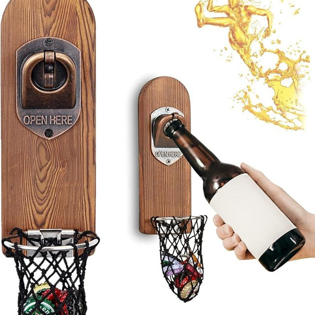 LUCYLANKER Beer Bottle Opener Wall Mounted with Magnetic Cap Catcher,Wooden Magnetic Bottle Opener for Fridge,Vintage Beer Gifts for Men, Man Cave Decor,Gifts for Men and Beer Lovers(Style 3)
