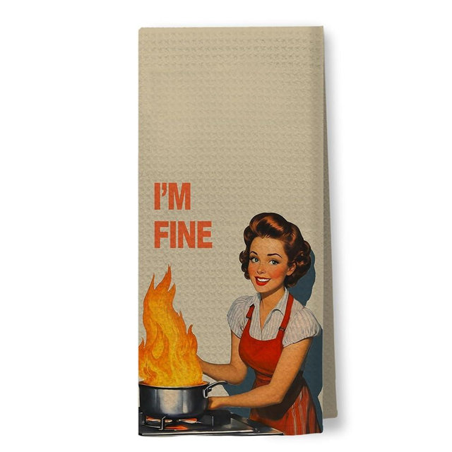 I'm Fine Funny Decorative Kitchen Towels, 50s Retro Housewife Decorative Dish Tea Towels, Mid Century Modern Sarcastic Humor Hand Towels for Kitchen, Hostess Gifts, 16x24 Inch