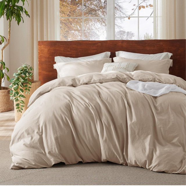 100% Washed Cotton Duvet Cover Queen Size Beige Minimalist Cotton Duvet Cover for All Seasons GentleSoft™ Plain Simple Bedding Set Mother's Day Gift