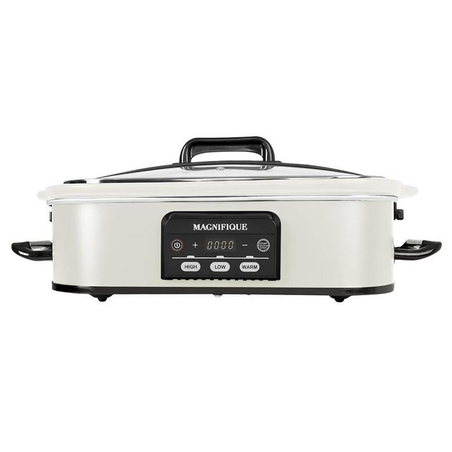 MAGNIFIQUE Small 4 Quart Casserole Programmable Slow Cooker with Ceramic Baking Dish - Perfect Kitchen Small Appliance for Family Dinners, Oven Safe and Durable Bakeware for Lasagna, Roasts (White)