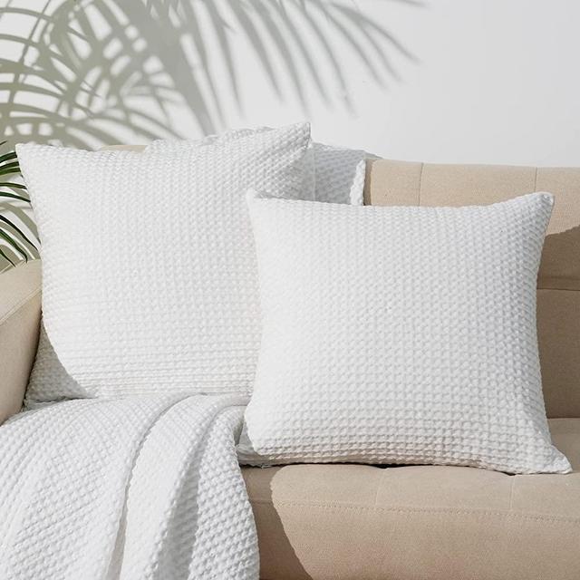 PHF 100% Cotton Waffle Weave Throw Pillow Cover, 22" x 22", 2 Pack Elegant Home Decorative Square Throw Pillow Covers for Bed Couch Sofa, White