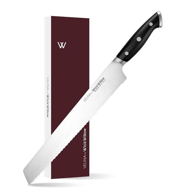 WICKWILLOW 10” Bread Knife – Razor Sharp German Steel DIN1.4116 – Serrated Knife for Slicing Homemade Bread, Sourdough & Cake – Full Tang & Ergonomic Handle – Gift Box – Velina series