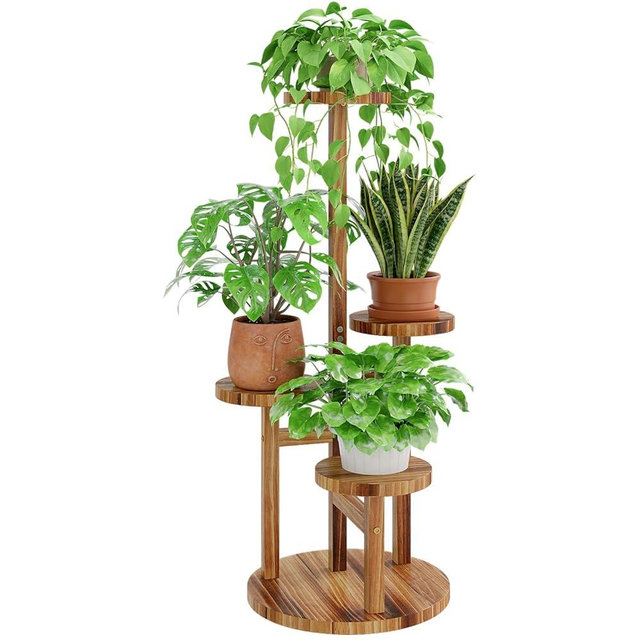 Bamworld Plant Stand Indoor Plant Shelf 4 Tier Wood Plant Stand for Multiple Plants Tall Corner Plant Stands for Outdoor Round Flower Stand Plant Holder for Living Room Patio Garden Balcony Brown