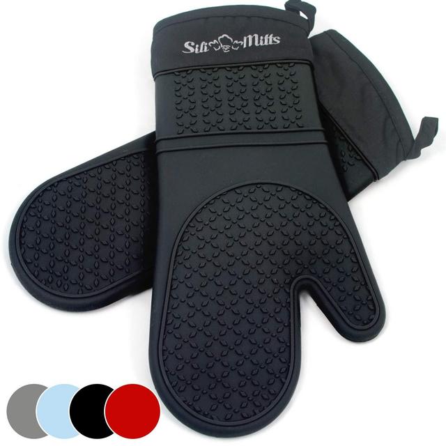 Black Silicone Oven Hot Mitts - 1 Pair of Extra Long Professional Heat Resistant Pot Holder & Baking Gloves - Food Safe, BPA Free FDA Approved With Soft Inner Lining