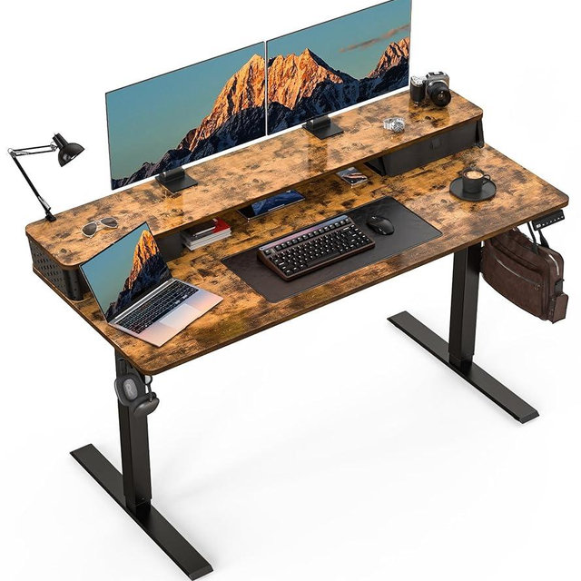 YOLEZO Standing Desk with Drawers, 55" x 24" Electric Sit Stand Desk with Storage Shelf, C-Clamp Mount Compatible Stand Up Desk for Home Office & Gaming, 3 Memory Height Preset & Hooks(Rustic Brown)